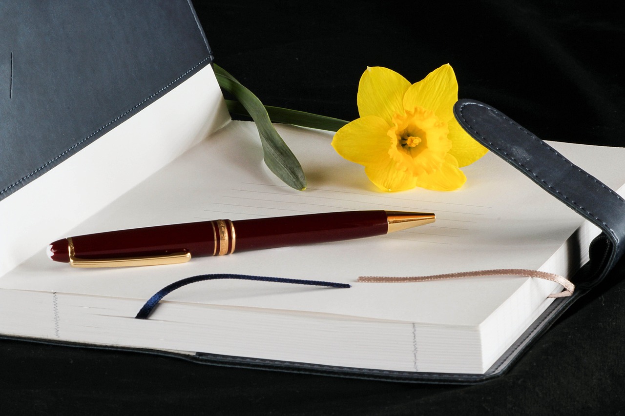 diary, journal, book, ink pen, paper, pages, account, register, record, ledger, log, daffodil, page markers, diary, journal, journal, journal, journal, journal, register, ledger, ledger, daffodil